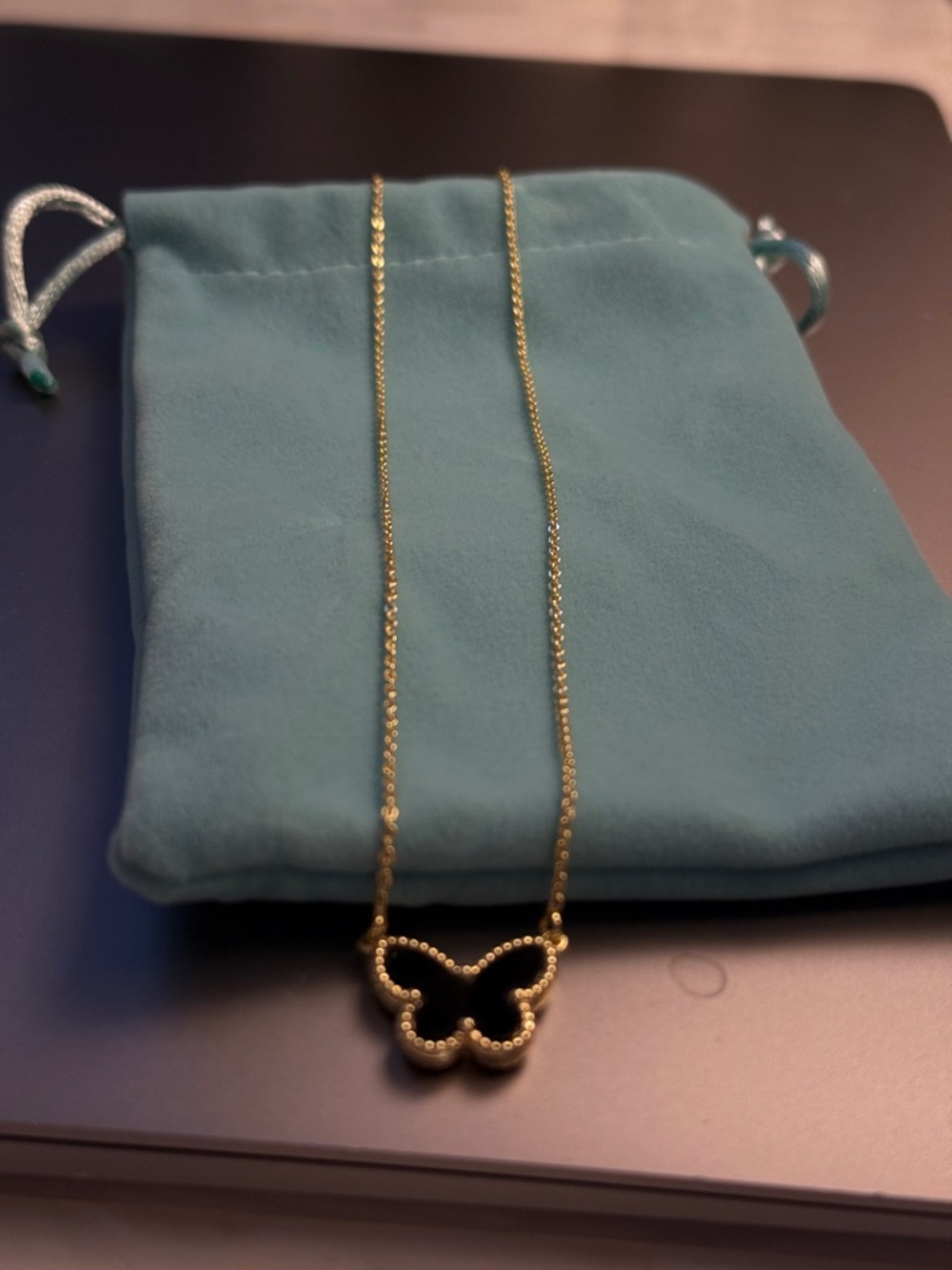 Gold Butterfly Pendant Necklace - Black Inlay